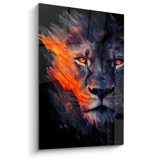 Tableau lion majestueux flammes orange regard amber intense art mural decoratif puissant