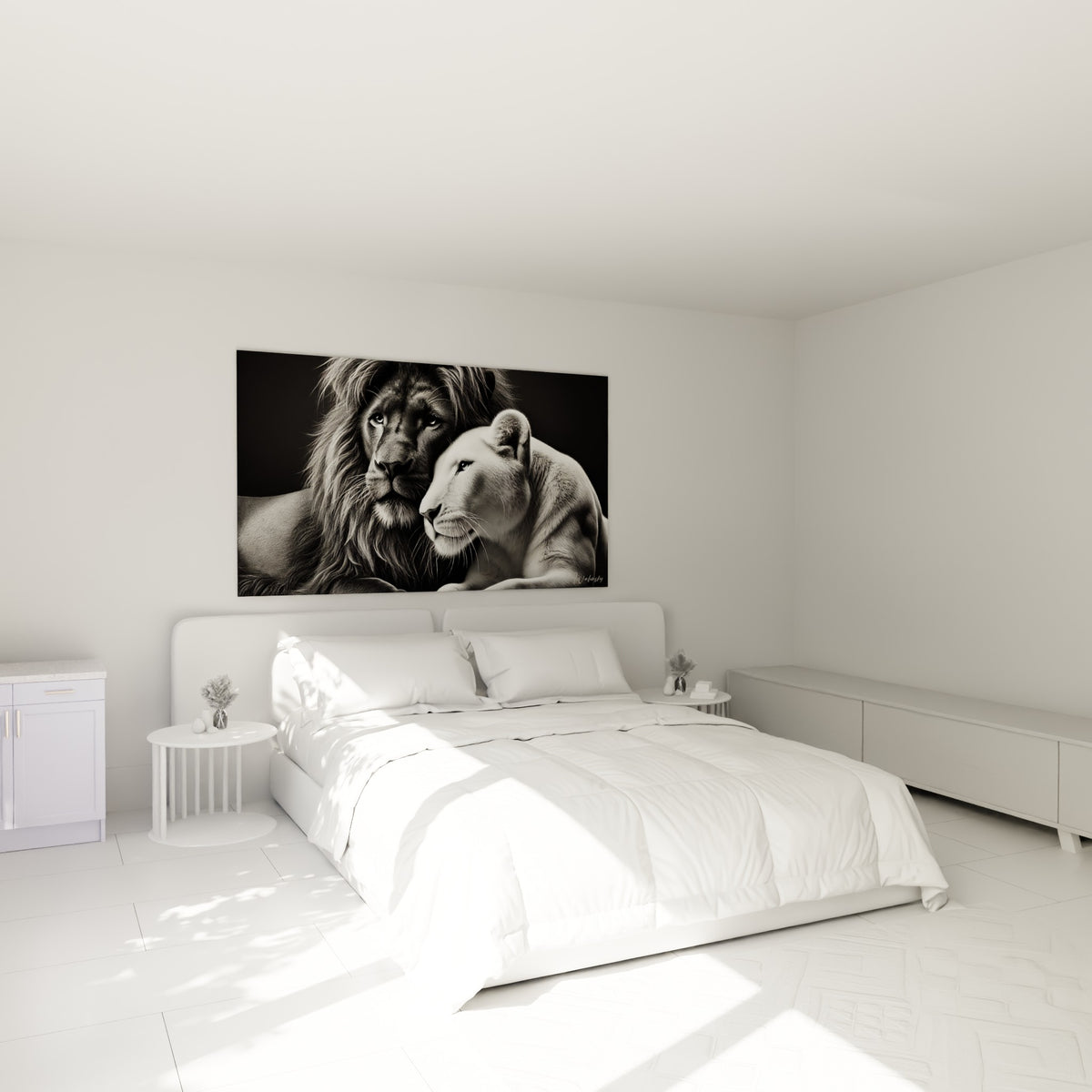 Fauves enlacés en noir et blanc au-dessus d'un lit dans une chambre claire, contraste graphique