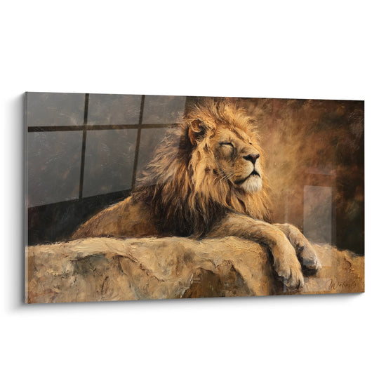 Tableau lion majestueux aux tons dorés posé sur rocher, regard contemplatif, crinière cuivrée lumineuse