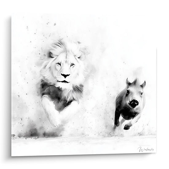 Tableau noir et blanc représentant un lion majestueux et un animal en mouvement avec nuages de poussière
