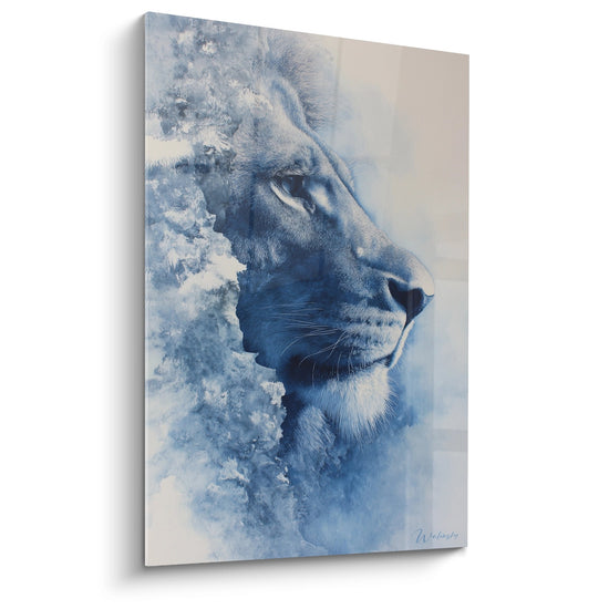 Tableau lion profil style aquarelle bleu et blanc sur toile moderne decoration murale
