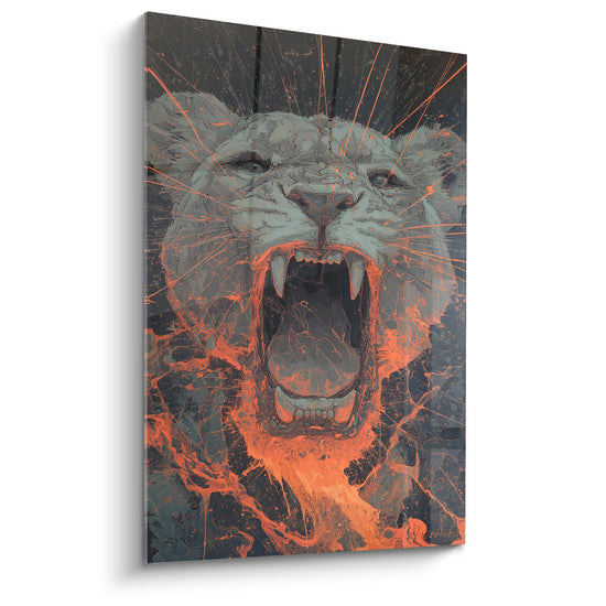 tableau lion rugissant gris orange eclats feu art contemporain decoration murale