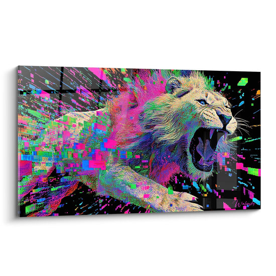 Tableau lion rugissant multicolore avec effets pixels roses verts bleus sur fond noir art moderne
