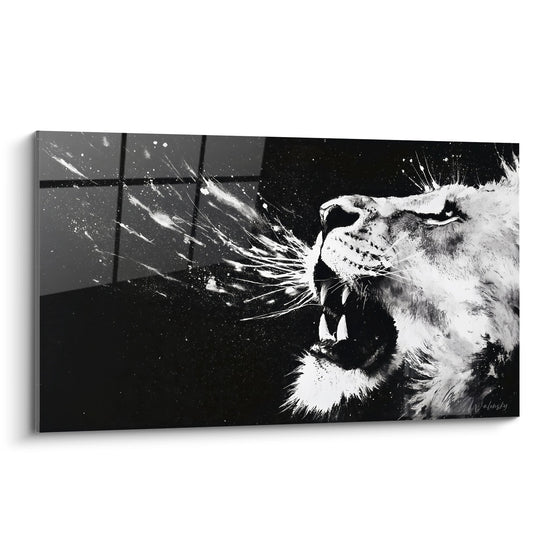 Tableau lion rugissant noir et blanc avec eclaboussures encre style artistique moderne