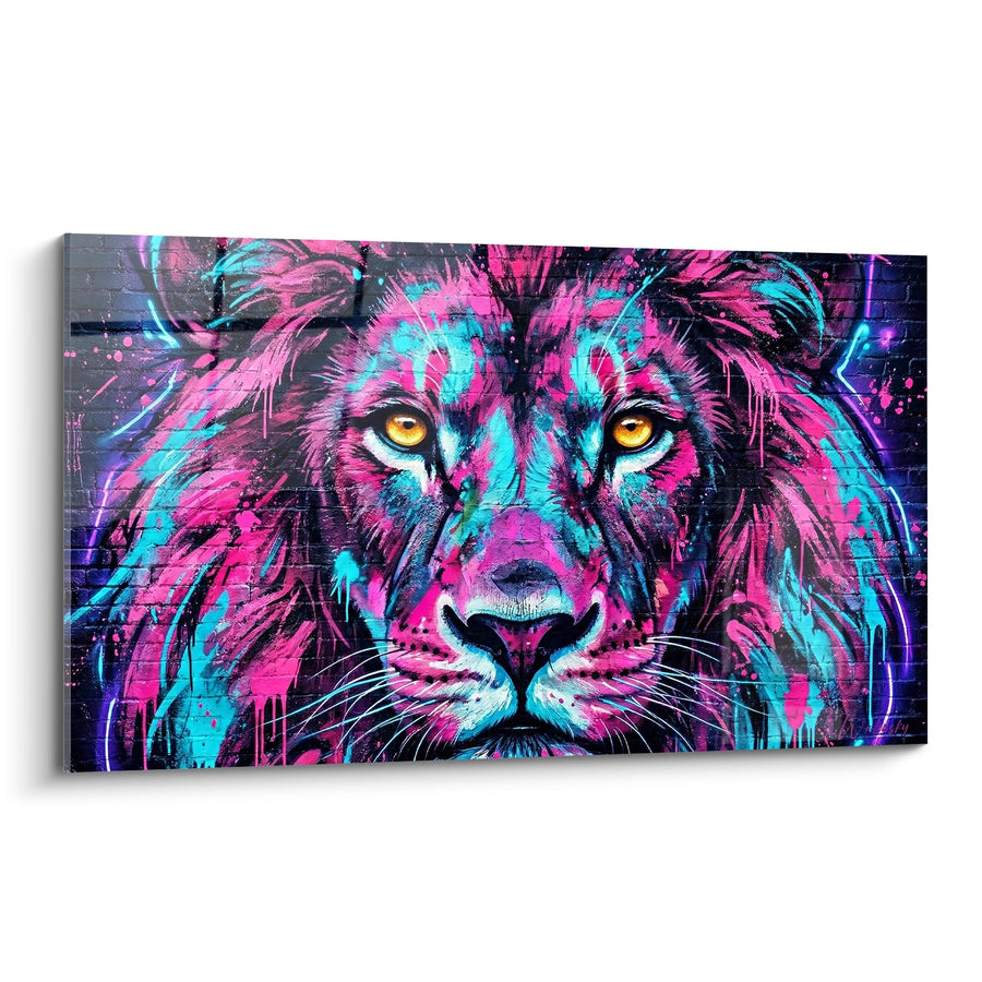 Tableau Lion Majestueux Rose et Turquoise - Roi Électrique - Edition Street art néon fluo