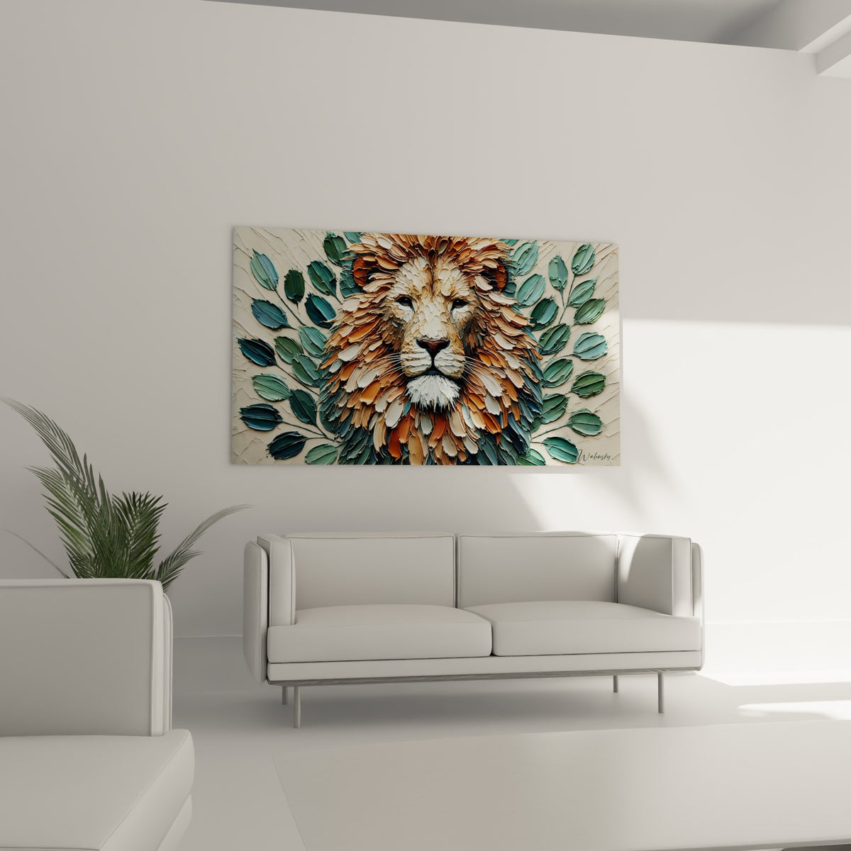 Regard serein du lion aux tons ocre et anthracite disposé au-dessus d'un canapé dans un salon lumineux