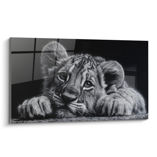 tableau lionceau noir et blanc regard innocent pattes avant pose tendre decoration murale