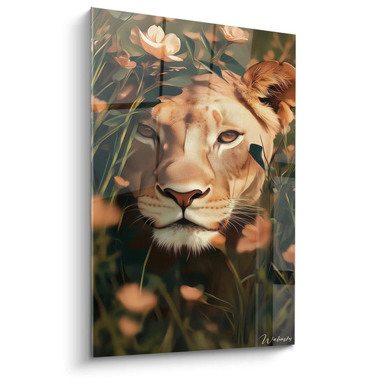 Un tableau lionne représentant un gros plan facial du félin aux yeux ambrés, entouré de végétation verte et de fleurs pêche. Textures détaillées du pelage beige-orangé et rendu réaliste des vibrisses blanches sur fond naturel.
