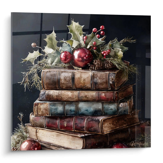 Tableau mural Noël livres contes avec des livres décorés de houx et de boules de Noël