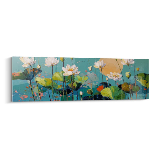 Tableau Lotus Blancs sur Fond Turquoise avec Feuillages Verts - Sérénité Aquatique - Edition Nénuphare