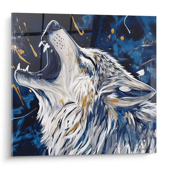 Tableau loup Walensky représentant un loup hurlant avec des touches de bleu et d'or