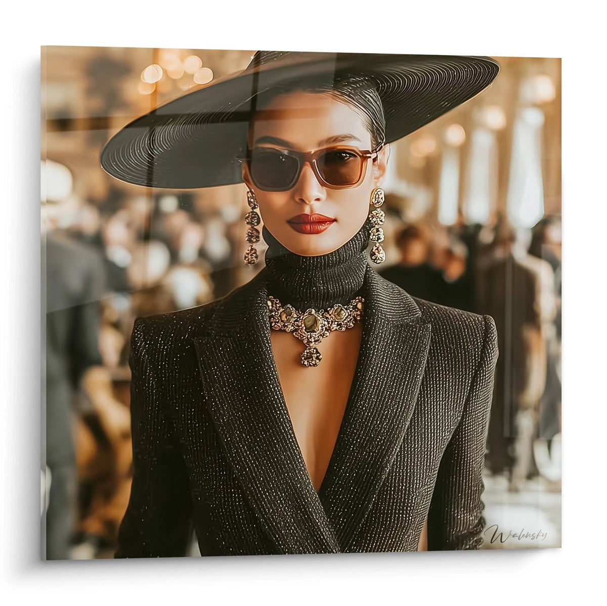 Tableau luxe féminin représentant une femme élégante avec un chapeau large et des lunettes de soleil
