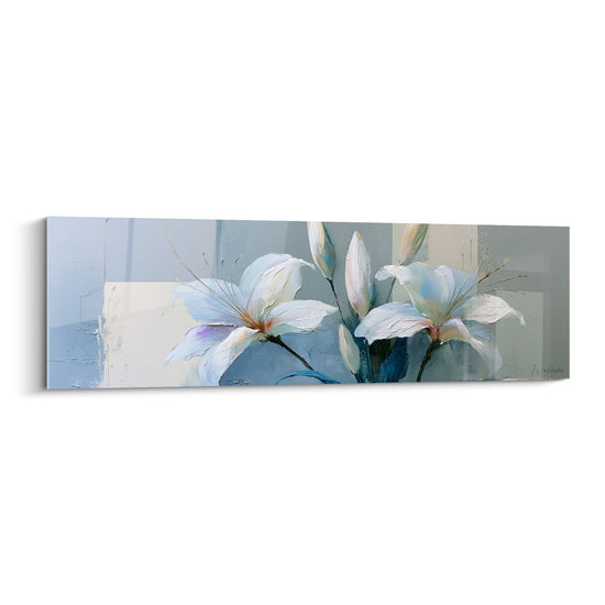 Lys blanc aux pétales texturés sur fond bleu gris et beige, style peint au couteau