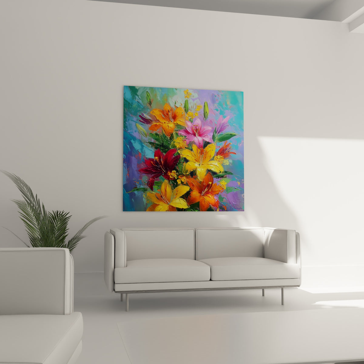 Gerbe de lys orange et pourpre disposée au-dessus d'un canapé dans un salon lumineux