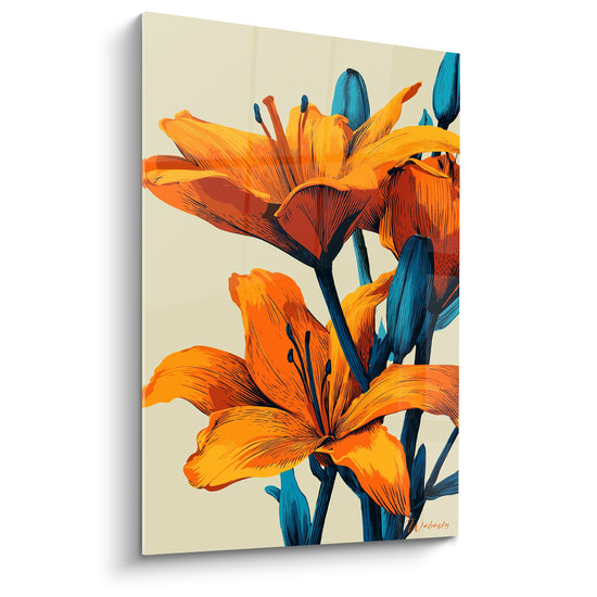Tableau Lys orange et bleu pétrole aux tiges illustrées - Boutons fermés effilés bleutés - Edition Lys