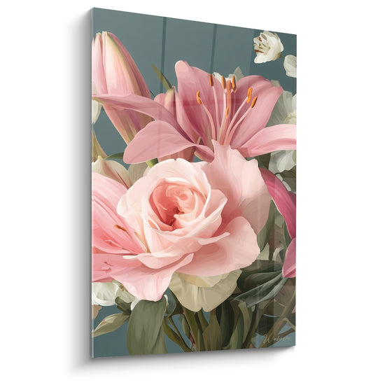 Lys rose et rose pâle en gros plan, étamines orangées, fond vert bleuté rayé