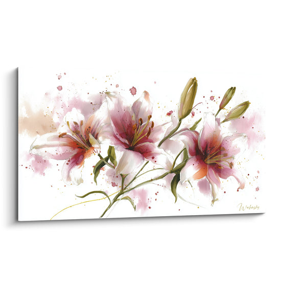 Lys roses et blancs peints à l'aquarelle avec éclaboussures dorées sur fond clair