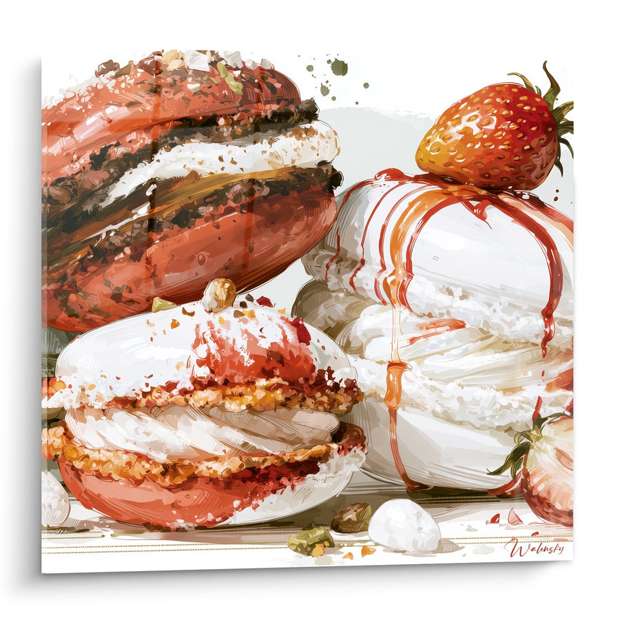 Tableau Macaron rouge et blanc surmonté d'une fraise - Coulis caramélisé aux noisettes - Edition Macaron