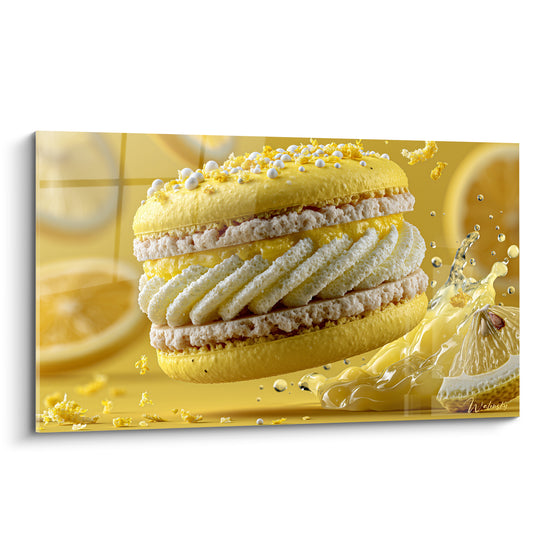 Macaron citron jaune vif avec garniture blanc crème et éclaboussure de jus en suspension
