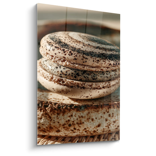 Macarons empilés beige et brun tacheté, coques granuleuses et garniture crémeuse en gros plan