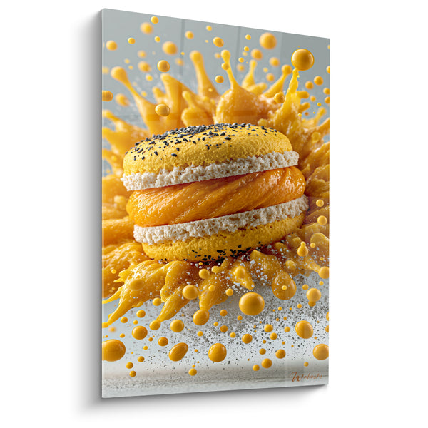 Tableau Macaron jaune et blanc aux graines de sésame noir - Éclaboussure en gouttelettes suspendues - Edition Macaron