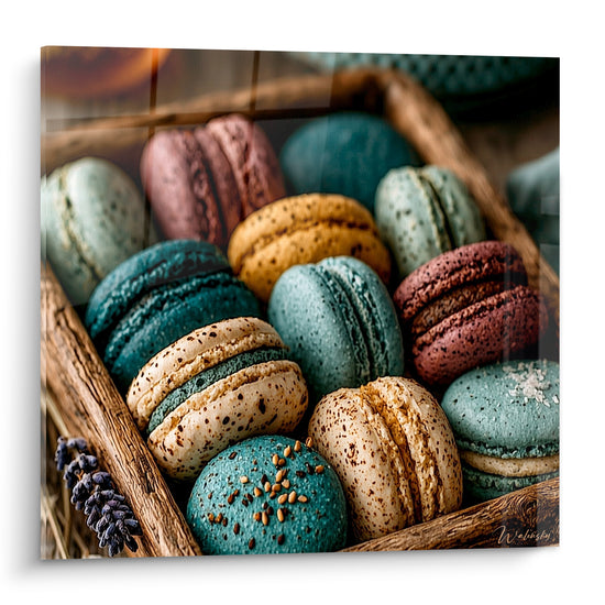 Tableau Macarons bleu sarcelle et beige dans un panier tressé - Panier gourmand - Edition Macaron