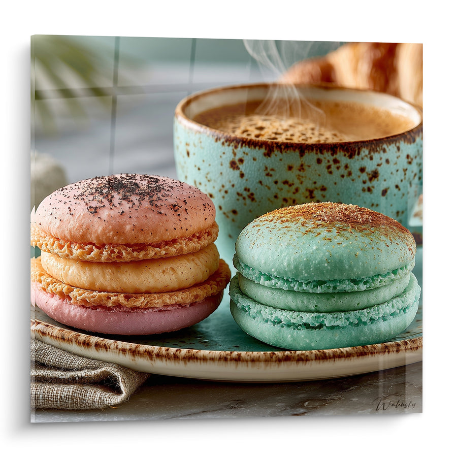 Tableau Macarons rose et vert près d'un café fumant - Pause gourmande - Edition Macaron
