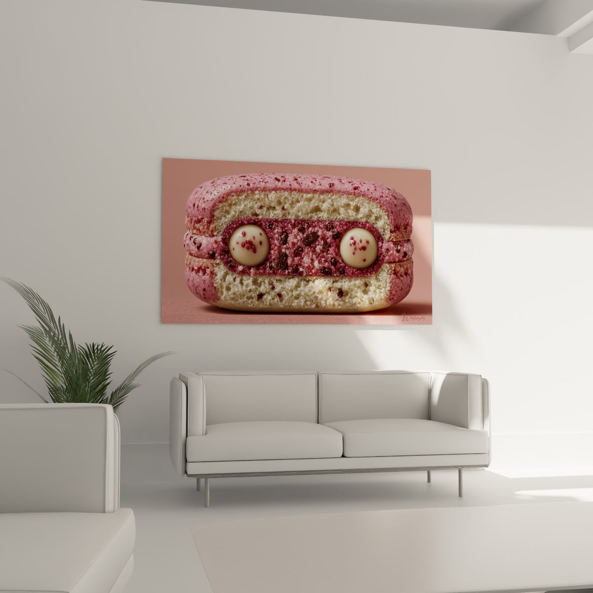 Détail du macaron rose et bordeaux accroché au-dessus d'un canapé dans un salon lumineux