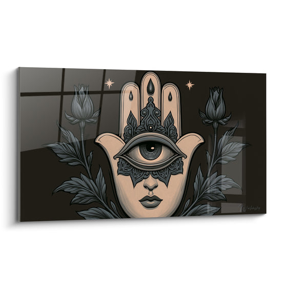 Tableau Main de fatma beige et anthracite fleurie - Veille mystique - Edition Main de fatma