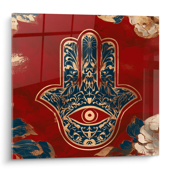 Tableau Main de fatma rouge et bleu marine aux pivoines - Œil rubis central - Edition Main de fatma