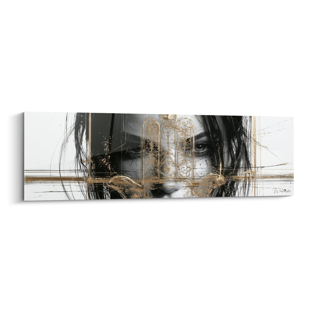 Visage féminin noir et blanc voilé par une Main de Fatma dorée, motifs orientaux détaillés