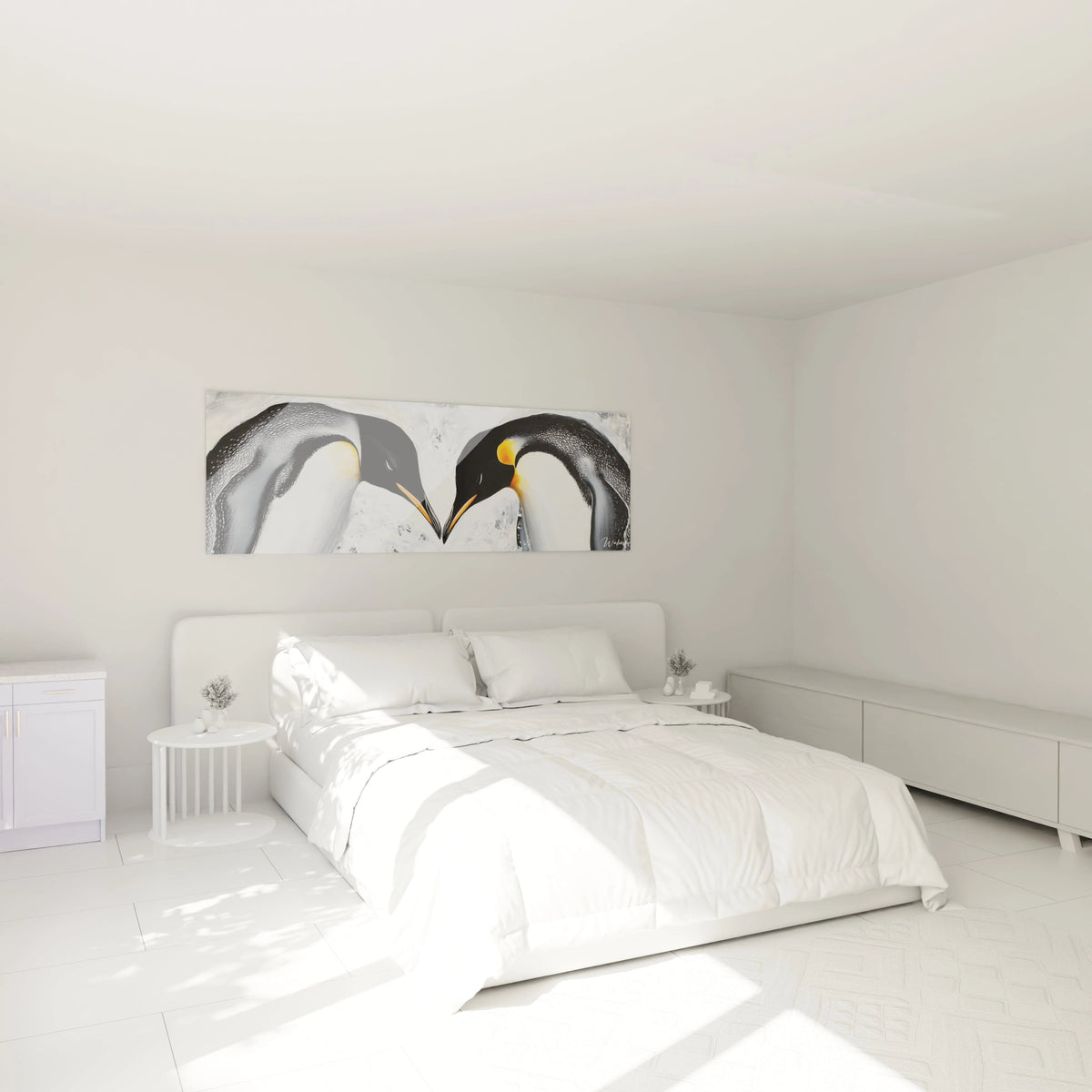 Tableau manchot Walensky représentant deux manchots dans une chambre moderne et lumineuse