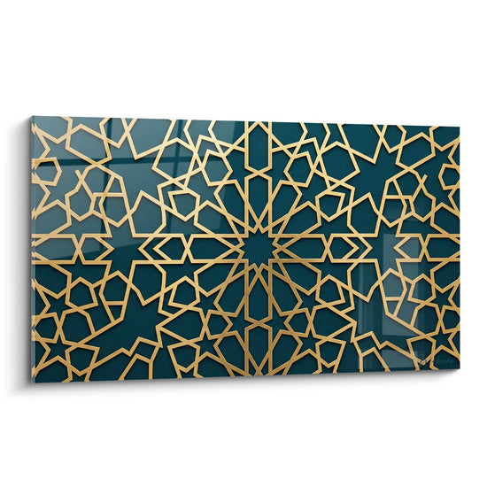 Tableau Motifs Géométriques Dorés sur Fond Bleu-Vert - Harmonie Orientale - Edition Mandala