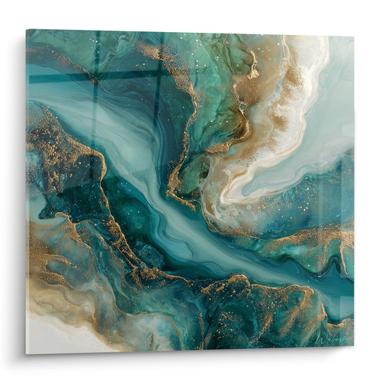 Tableau marbre abstrait aux tourbillons bleu-vert et veines dorées scintillantes, style fluide océanique moderne