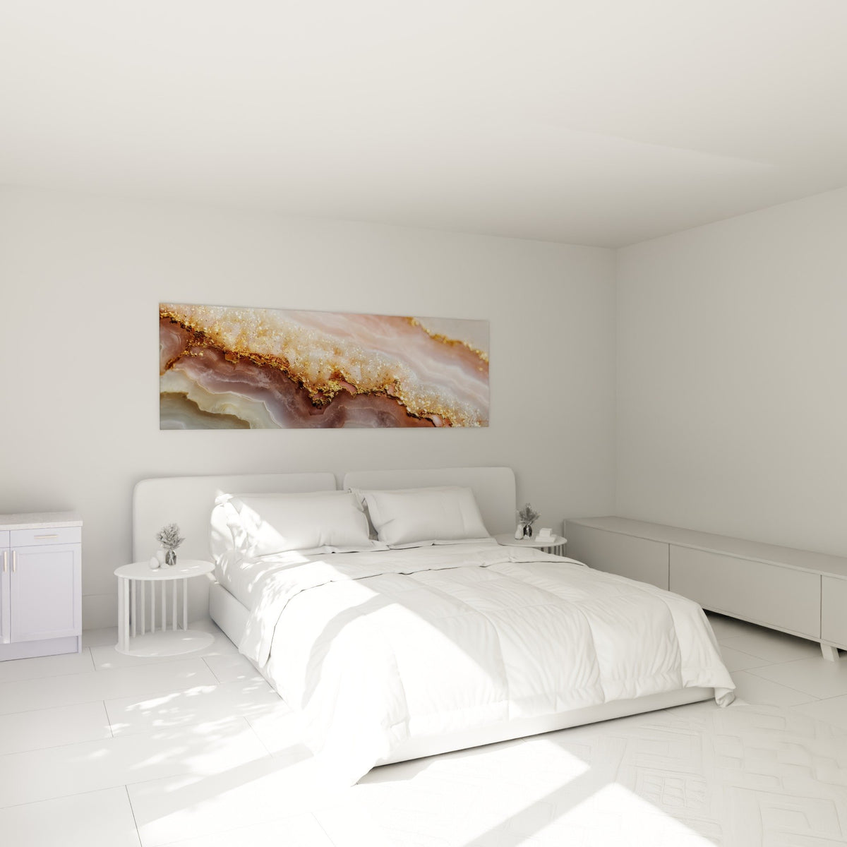 Tableau marbre abstrait rose et or dispose au dessus d un lit dans chambre moderne elegante