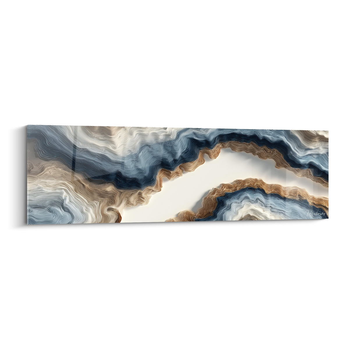 Tableau panoramique marbre abstrait ondulations bleu bronze beige format horizontal