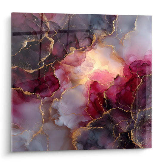 Tableau marbre abstrait aux nuances pourpres et violettes avec veines dorées lumineuses sur toile moderne