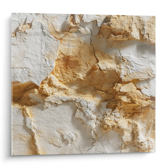 Tableau marbre abstrait aux textures craquelées ocre et blanc, relief minéral moderne