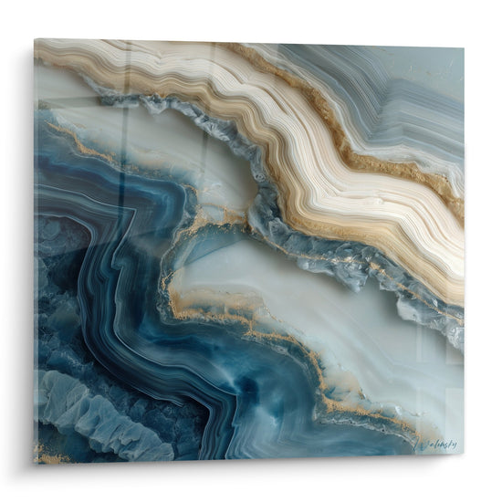 Tableau marbre abstrait veines fluides bleu marine or ondulations cristallines decoration murale