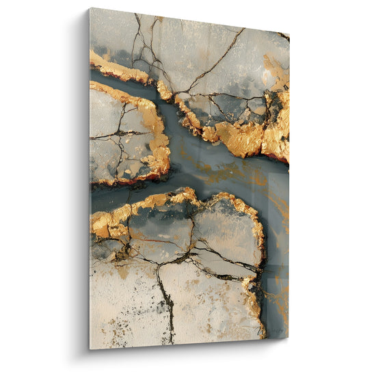 Fissures dorées traversant une surface marbrée gris anthracite et blanc cassé texturé
