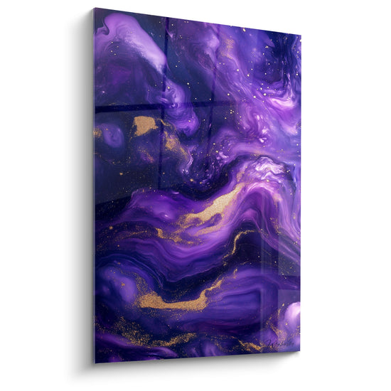 Tableau marbre abstrait violet et or aux volutes dorées sur fond pourpre