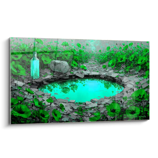 Tableau mare turquoise avec bouteille vintage dans végétation verte luxuriante edition coquelicot