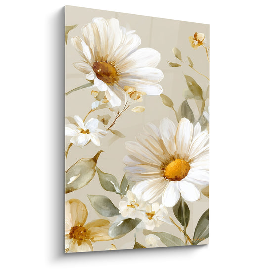 Marguerites blanches aux cœurs dorés peintes à l'aquarelle sur fond beige sable