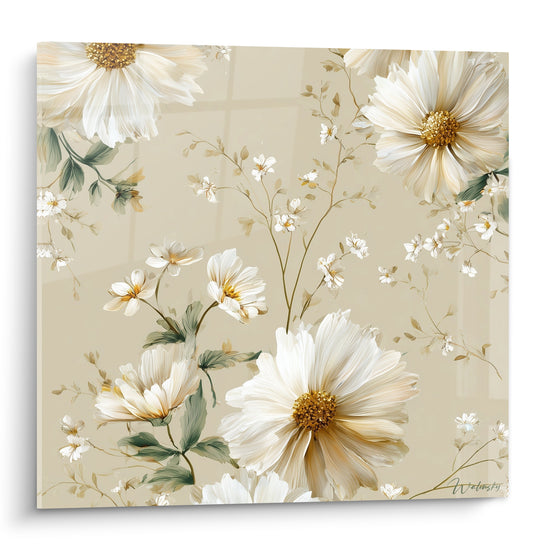 Marguerites blanches aux cœurs dorés déployées sur fond beige sable, style aquarelle délicate