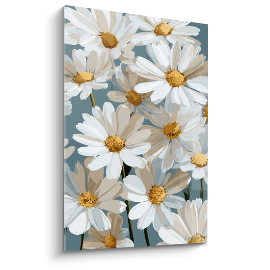 Marguerites blanches aux cœurs dorés sur fond bleu sarcelle, composition florale peinte en gros plan