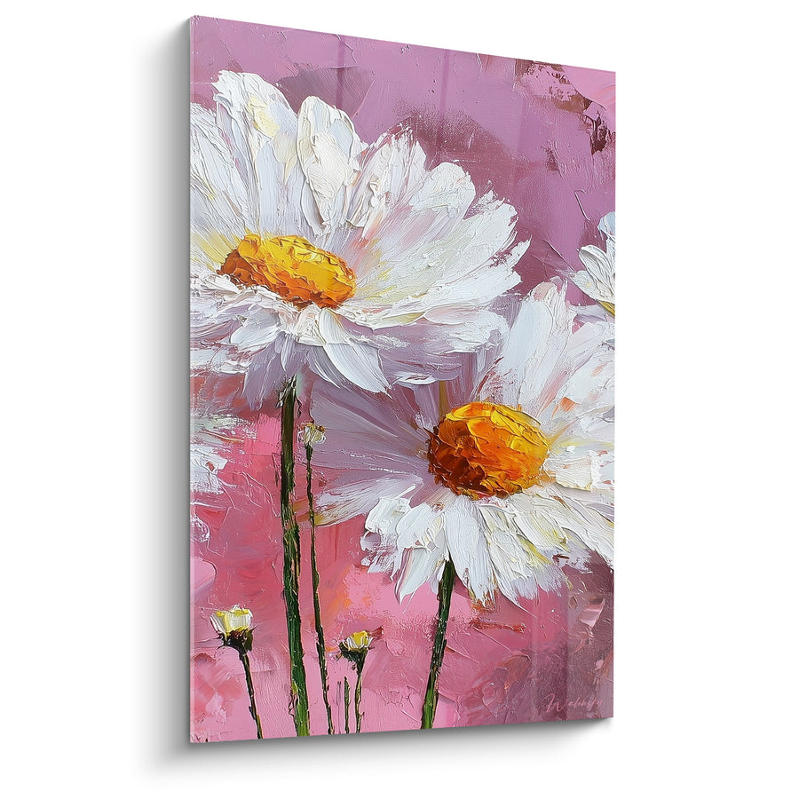 Tableau Marguerites blanches et roses aux tiges vert sombre - Petits boutons naissants - Edition Marguerite
