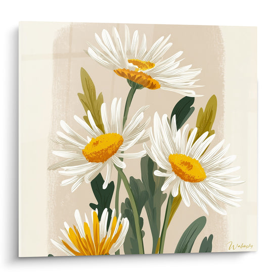 Marguerites blanches aux cœurs safran se déploient sur fond beige rosé, style illustré botanique