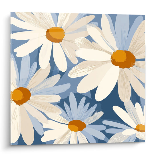 Marguerites blanches aux cœurs orangés se déployant sur un fond bleu marine et bleu pastel