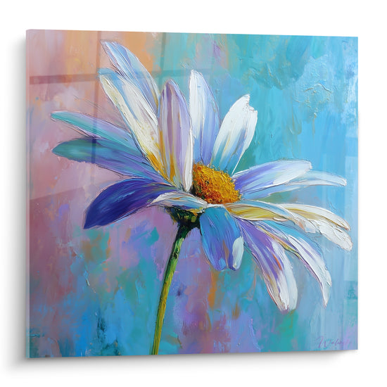 Marguerite blanche et bleue aux pétales empâtés, cœur doré sur fond rose et turquoise pastel