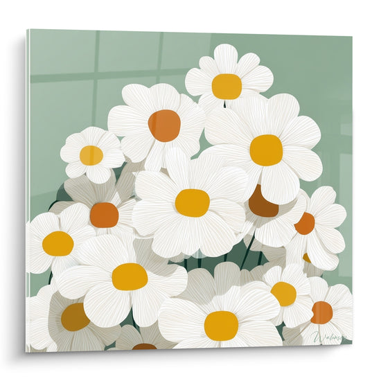Marguerites blanches aux cœurs orangés et dorés, pétales striés sur fond vert sauge lumineux